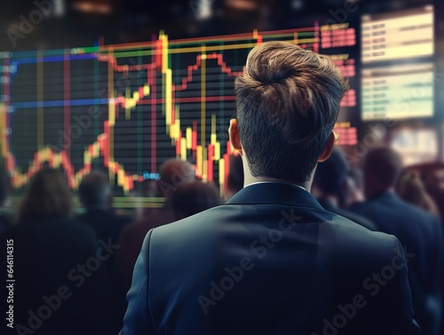  businessman looking at stock graphs with background stock market investment, impressionist atmospheric, dark amber and indigo, shallow depth of field, some stock indexes, market graph