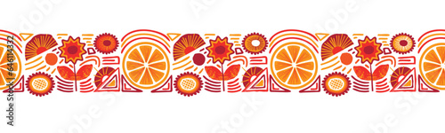 Hand drawn abstract border with lemon and stylized flowers.Seamless pattern in yellow,orange,red colors. Rough lines,free hand dots, grunge leaves.Print on fabric and paper.Vector illustration.
