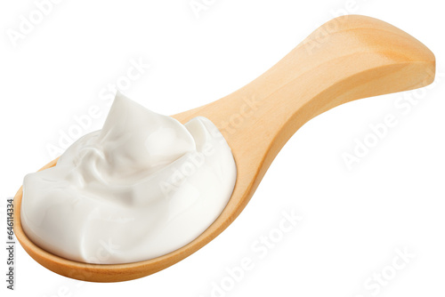 sour cream on wooden spoon, mayonnaise, yogurt, isolated on white background, full depth of field