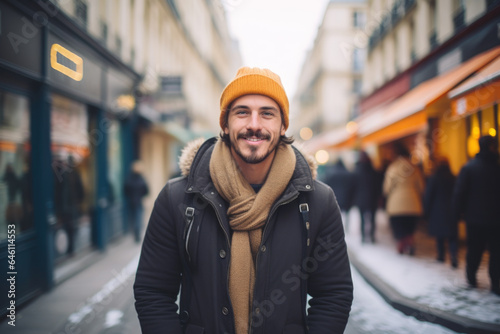 Portrait of a young smiling man standing on the city street in Paris
