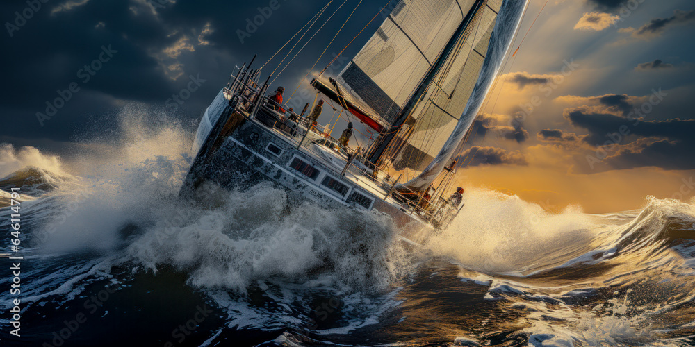 Obraz premium Abstract Painting of a Sailboat in a Regatta on the Stormy Ocean Digital Art Wallpaper Background Backdrop Poster Cover Generative AI KI
