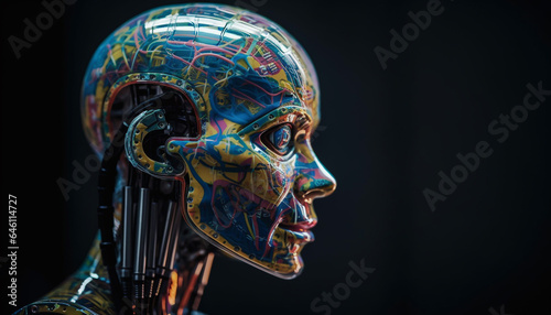 Futuristic men and women in multi colored cyborg masks, illuminated sculpture generated by AI