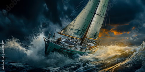 Abstract Painting of a Sailboat in a Regatta on the Stormy Ocean Digital Art Wallpaper Background Backdrop Poster Cover Generative AI KI
