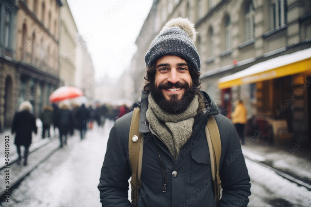 Portrait of a young smiling man standing on the city street in Paris Portrait of a young smiling man standing on the city street in Paris
