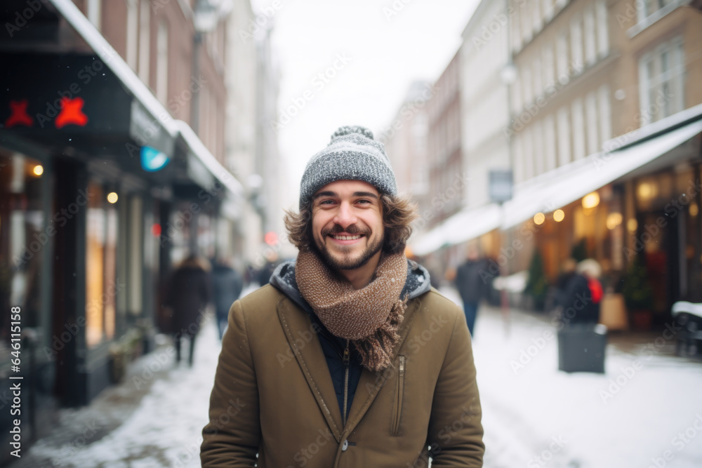 Portrait of a young smiling man standing on the city street in Paris Portrait of a young smiling man standing on the city street in Paris