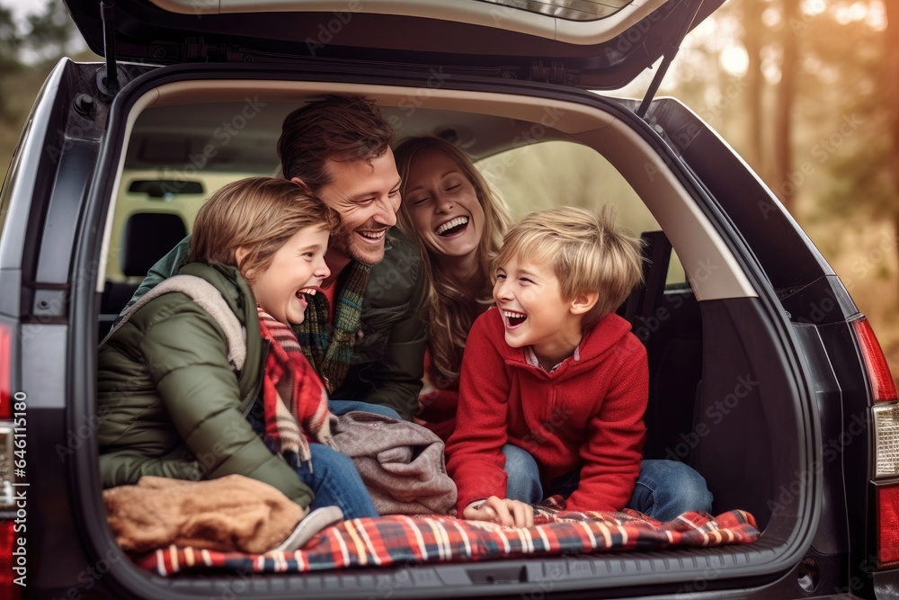 Excited family of four with car, embarks on road trip. People, vacation, travel, journey, vehicle. Excited family of four with car, embarks on road trip. People, vacation, travel, journey, vehicle.