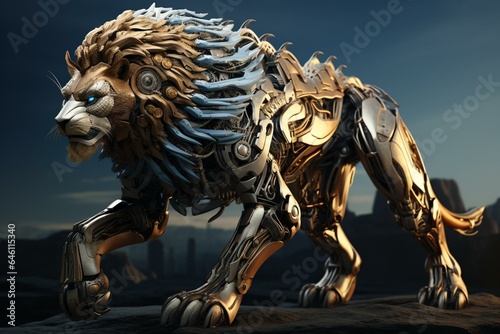 Majestic 3D rendering of a fierce robotic lion. Generative AI © Aisha