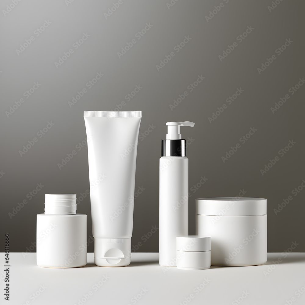 set of cosmetic containers line with white color and copy space makeup, and skin care items set of cosmetic containers line with white color and copy space makeup, and skin care items