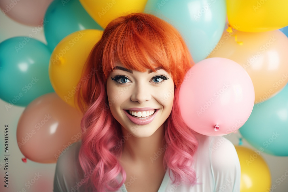 Celebration, festive and lifestyles concept. Studio portrait of happy and smiling woman with colorful balloons in background. Generative AI