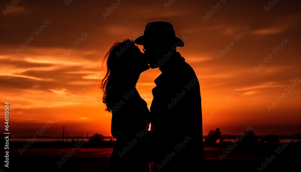 Silhouette of a couple embracing in the back lit sunset generated by AI