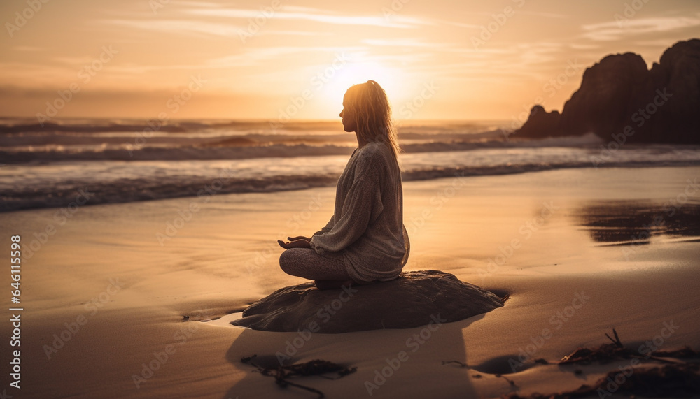 One woman meditating in lotus position at serene beach generated by AI