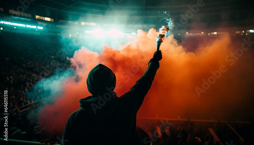 One person standing in the dark, holding a flaming torch generated by AI