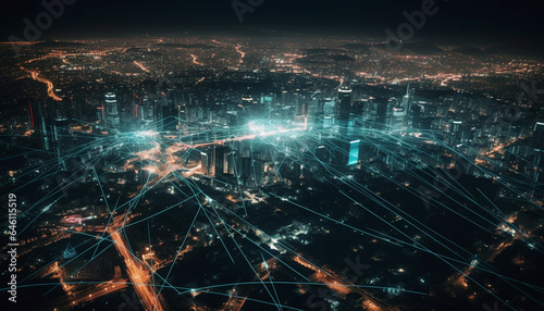 Futuristic skyscraper cityscape illuminated by multi colored lighting equipment at dusk generated by AI