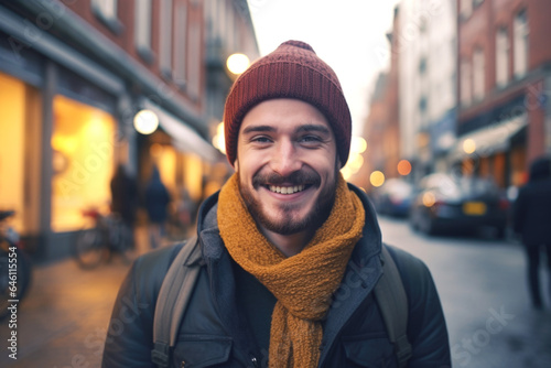 Portrait of a young smiling man standing on the city street in Amsterdam © Jasmina