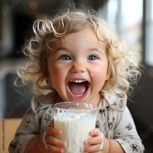 Excited cute blonde girl with blue eyes and curls holds a glass of milk while sitting at a white table in a rustic kitchen. Milk for health. Generative AI