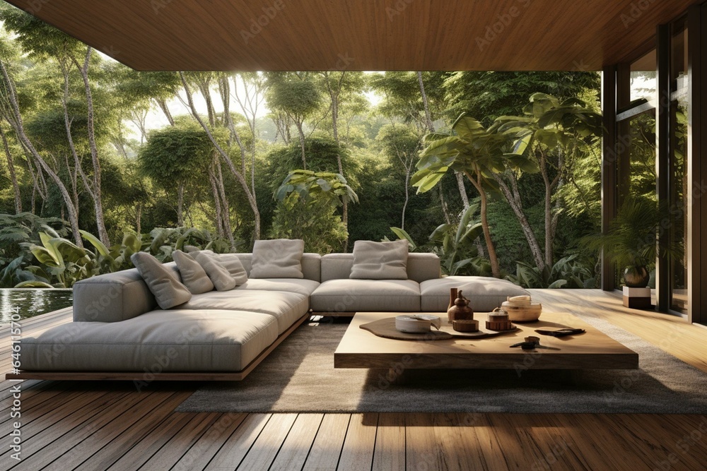Modern living room with tropical garden view, wooden floors, gray sofa, wooden terrace, and green garden. Generative AI