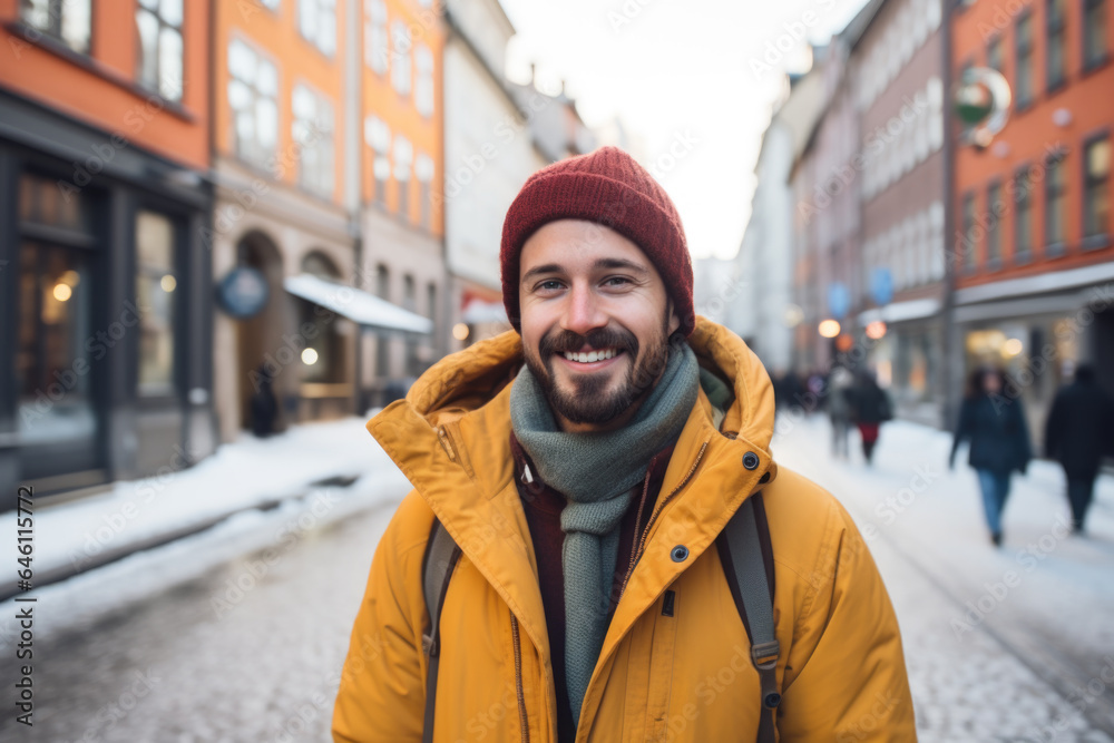 Portrait of a young smiling man standing on the city street in Stockholm Portrait of a young smiling man standing on the city street in Stockholm