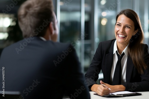 Smiling businesspeople having a discussion in an office, 