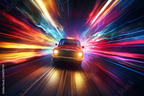 Fast vehicle with colorful lights zooming on a road. Generative AI © Daniel