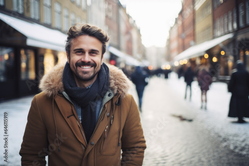 Portrait of a young smiling man standing on the city street in Stockholm © Jasmina