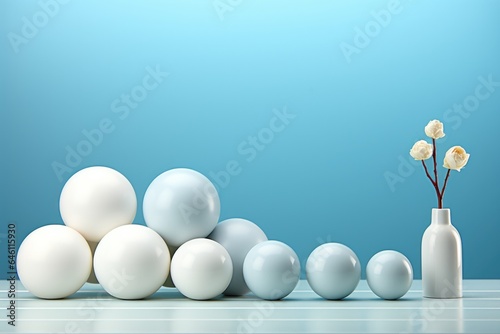 3d render of white and blue balls on blue background. copy space. AI generated
