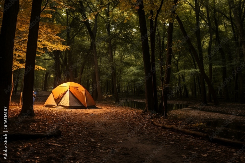 Camping in forest at Starved Rock State Park, Illinois. Generative AI