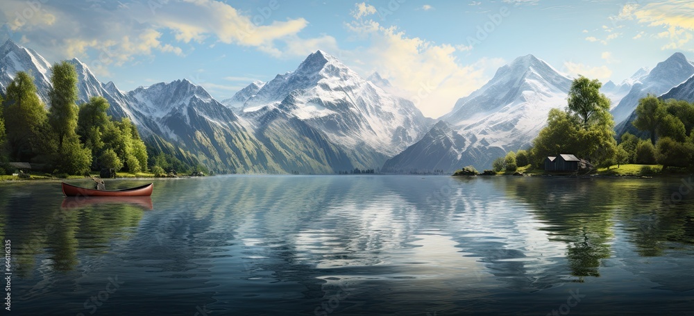 Grand mountain panorama reflected in a serene lake. Idyllic scenery with rowboats amidst the wilderness. Concept of a picturesque vacation.