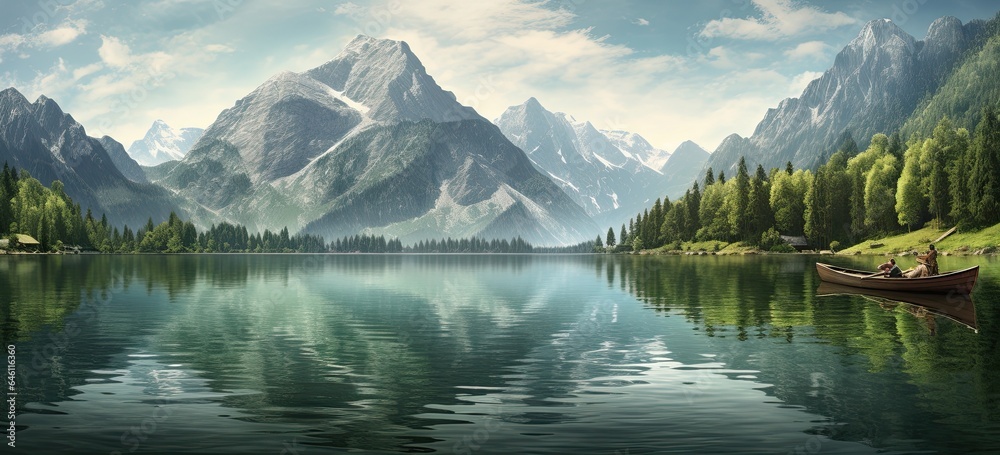 Tranquil lake surrounded by majestic mountains. Idyllic nature scene with rowboats. Concept of a peaceful getaway.