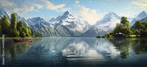 Grand mountain panorama reflected in a serene lake. Idyllic scenery with rowboats amidst the wilderness. Concept of a picturesque vacation. © Postproduction