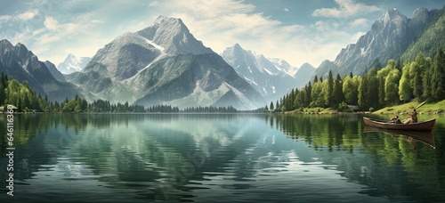 Tranquil lake surrounded by majestic mountains. Idyllic nature scene with rowboats. Concept of a peaceful getaway. © Postproduction