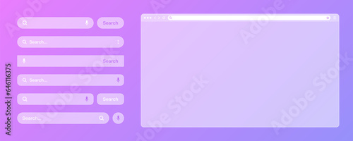 Blank transparent internet browser window with various search bar templates. Web site engine with search box, address bar and text field. UI design, website interface elements. Vector illustration