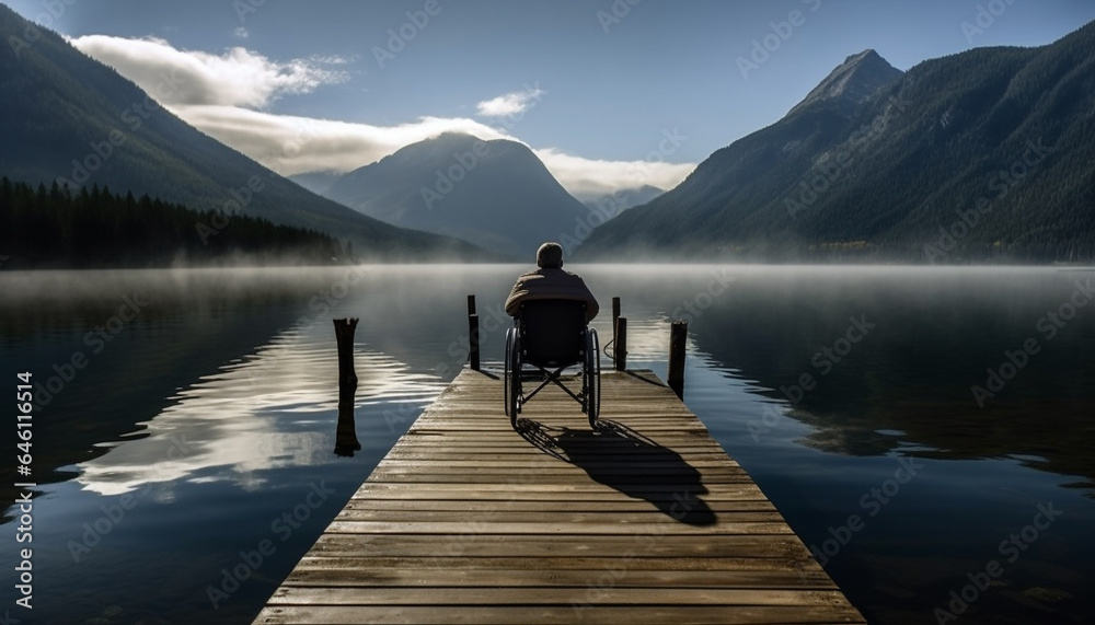 One person standing on a jetty, surrounded by tranquil nature generated by AI