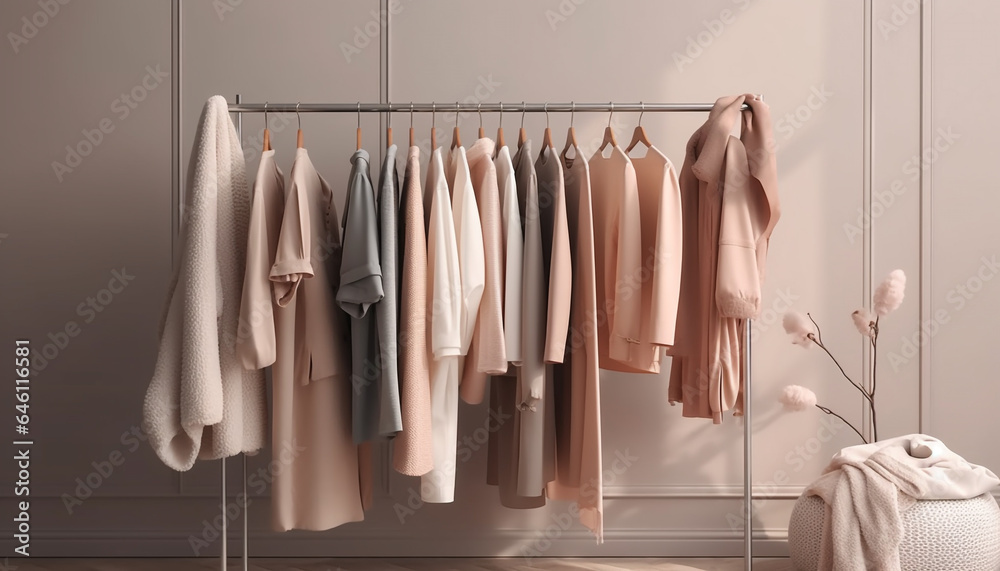 Fashionable clothing collection hanging on modern coathangers in elegant closet generated by AI