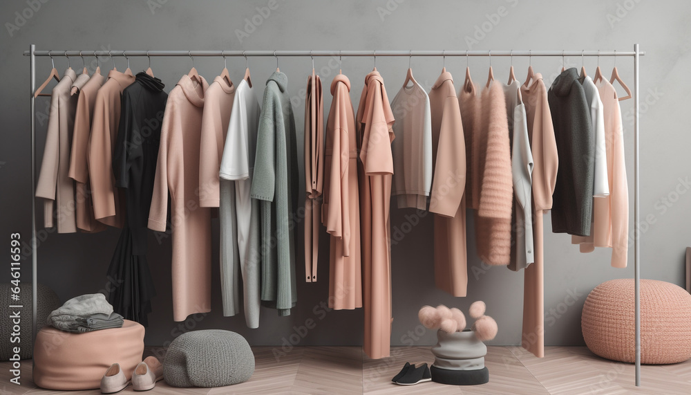 Modern clothing collection in elegant domestic room closet, hanging comfortably generated by AI