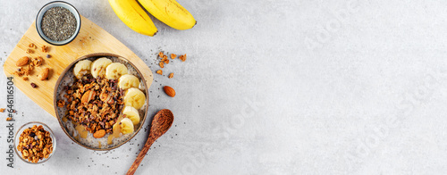 Chia Pudding Bowl with Banana, Granola and Cinnamon, Healthy Breakfast, Vegetarian Food