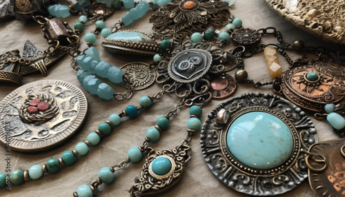 Multi colored gemstone jewelry collection, elegant and shiny on wood background generated by AI