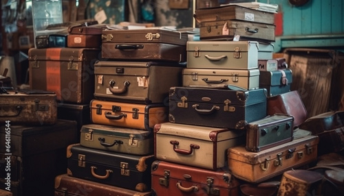 Antique leather suitcase, crowded with old fashioned luggage, leaving for adventure generated by AI