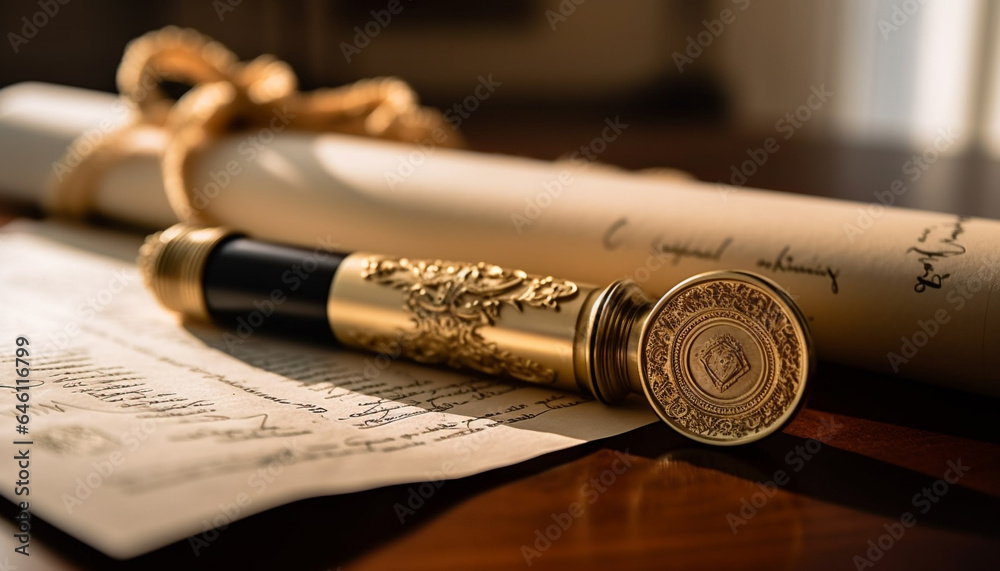 Antique parchment manuscript with gold colored ink, a symbol of wealth generated by AI