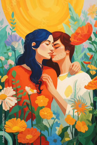 color block illustration of two young women models embracing wlw sapphic lgbtq couple with floral botanical details in hand drawn digital pencil art style texture