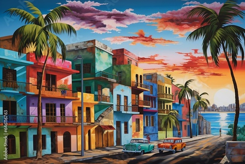 Vibrant artwork depicting a urban scene in the Caribbean with Cuban cultural influence. Generative AI photo