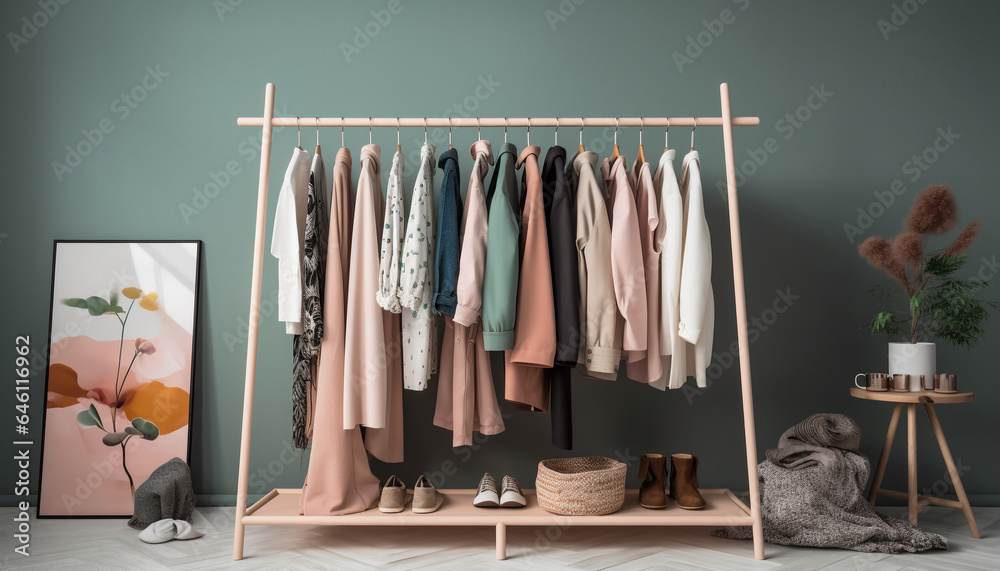Fashionable clothing collection hanging on elegant coathangers in modern closet generated by AI
