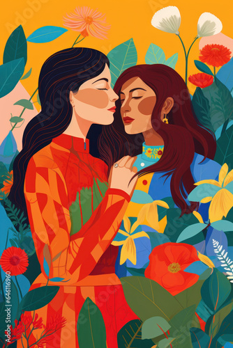 color block illustration of two young women/models embracing wlw sapphic lgbtq couple with floral/botanical details in hand drawn digital pencil art style texture