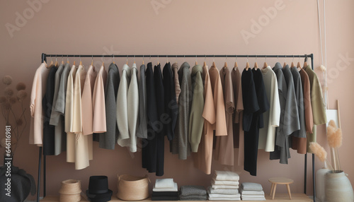 Modern fashion boutique showcases elegant garment collection on wooden shelves generated by AI
