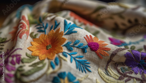 Vibrant floral pattern on homemade woolen cushion with ornate embroidery generated by AI
