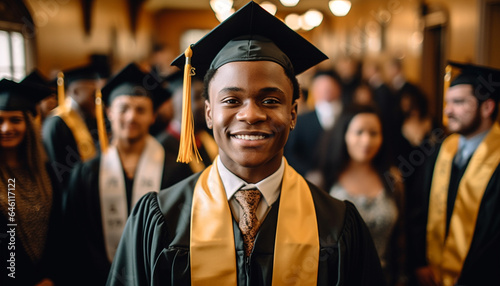 A large group of successful, smiling adults in graduation gowns generated by AI © Stockgiu