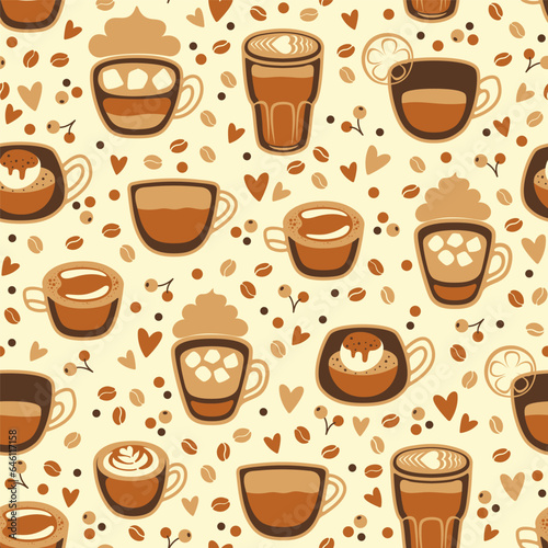 Seamless pattern with different coffee cups. Latte  espresso  cappuccino  affogato  romano. Vector illustration.