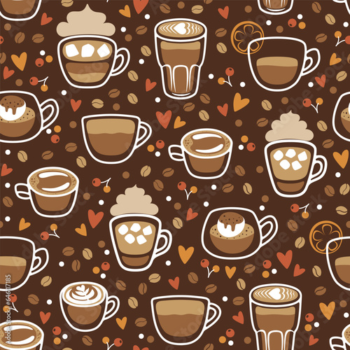 Seamless pattern with different coffee cups. Latte  espresso  cappuccino  affogato  romano. Vector illustration.