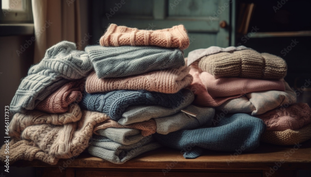 Cozy wool cardigan sweater collection adds warmth to modern bedroom generated by AI