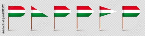 Realistic various Hungarian toothpick flags. Souvenir from Hungary. Wooden toothpicks with paper flag. Location mark, map pointer. Blank mockup for advertising and promotions. Vector illustration