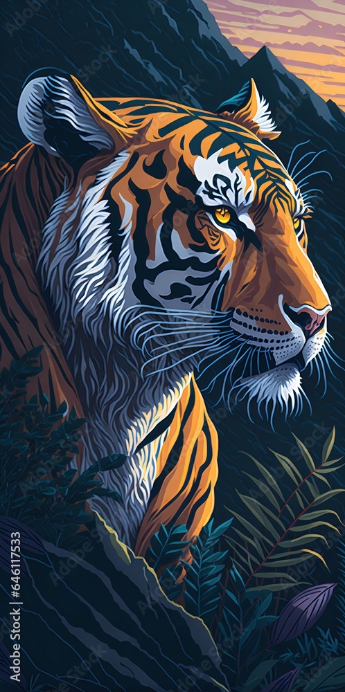 Fototapeta premium Ultra-detailed portrait of a majestic single tiger in the Jungle with a mountain sunset background